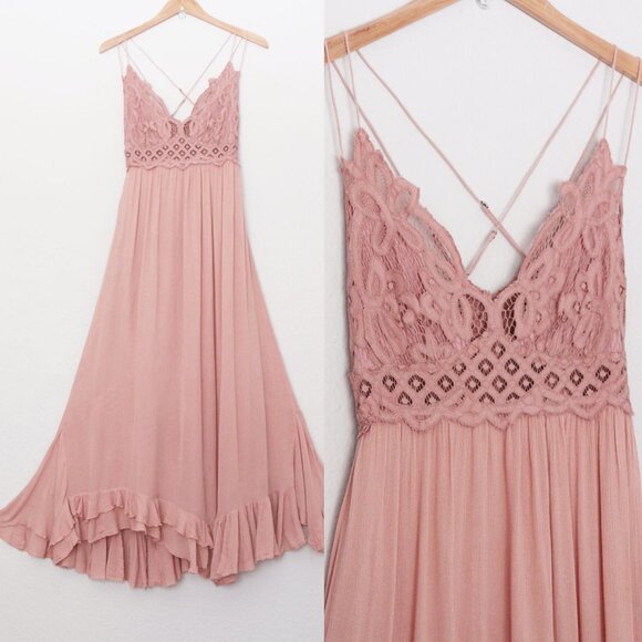 Free People Adella Pink Lace flowy crinkle linen Cottagecore Y2K Maxi Dress - Picture 8 of 16